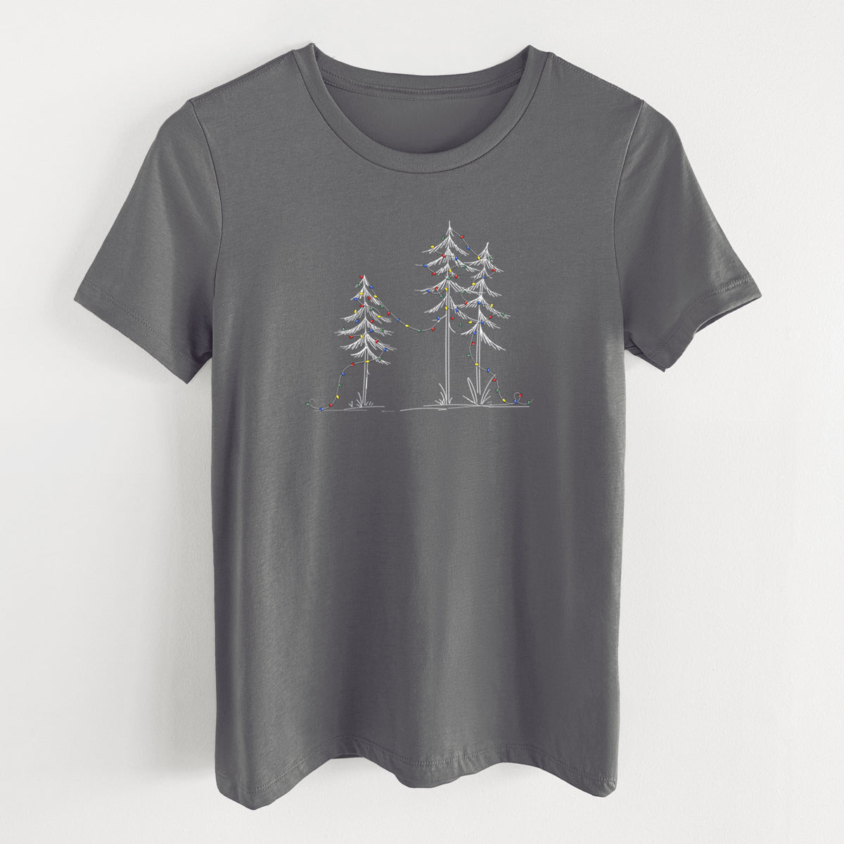 Christmas Deck the Pines - Women's Lightweight Relaxed Fit 100% Cotton Crewneck in Asphalt, on a hanger