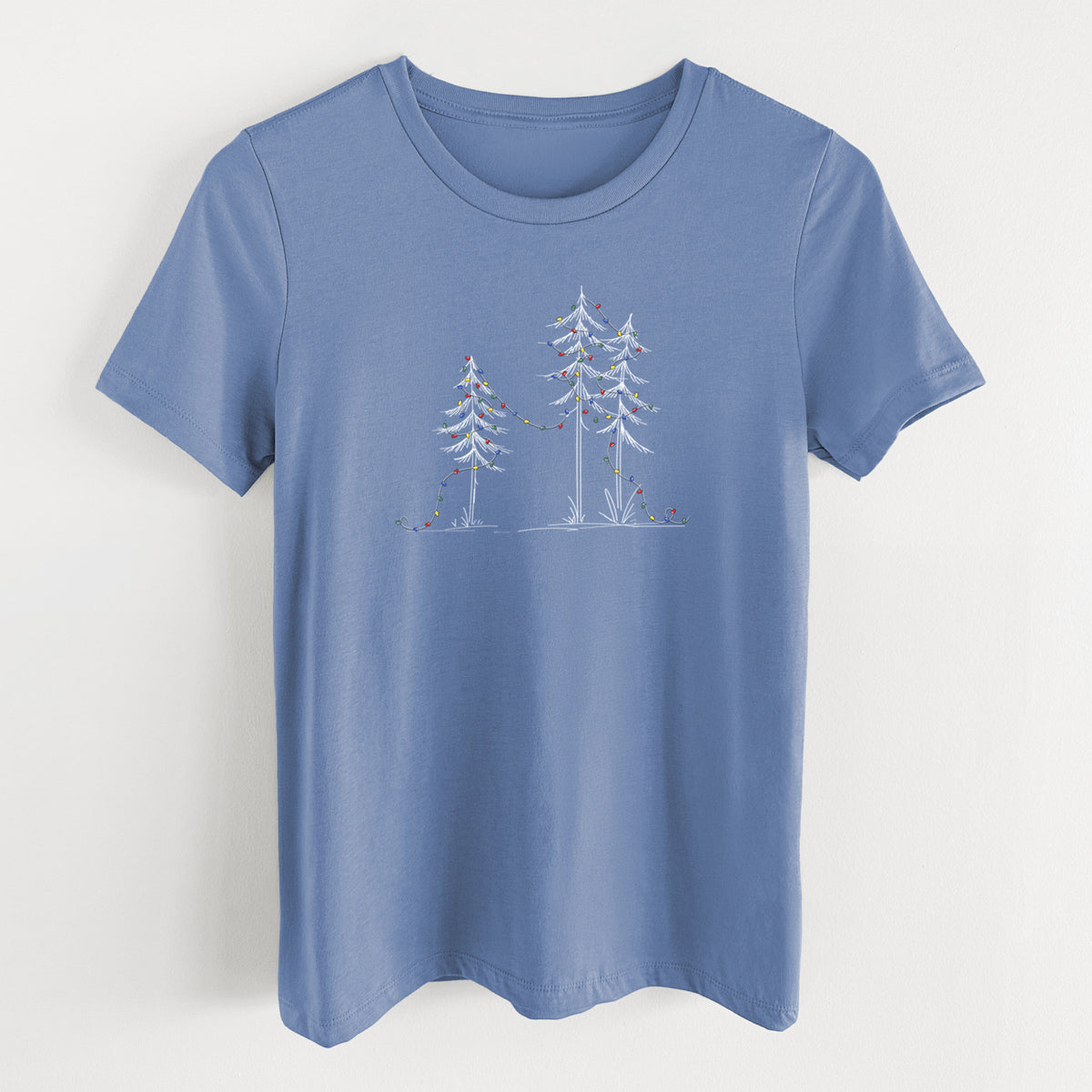 Christmas Deck the Pines - Women's Lightweight Relaxed Fit 100% Cotton Crewneck in Blue Bell, on a hanger