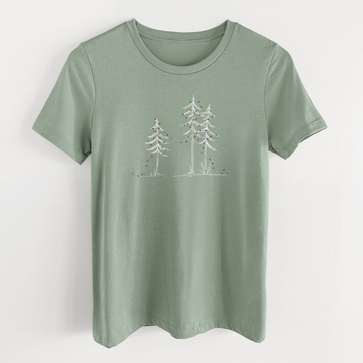 Christmas Deck the Pines - Women's Lightweight Relaxed Fit 100% Cotton Crewneck in Sage, on a hanger