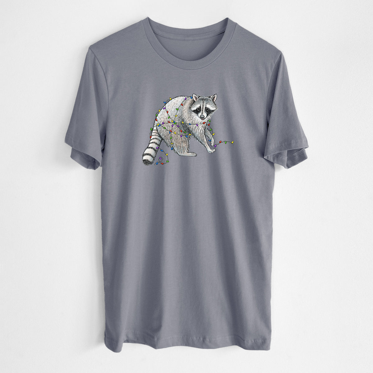 Storm grey lightweight cotton t-shirt laid flat, printed with a black ink raccoon tangled in a string of colorful holiday lights.