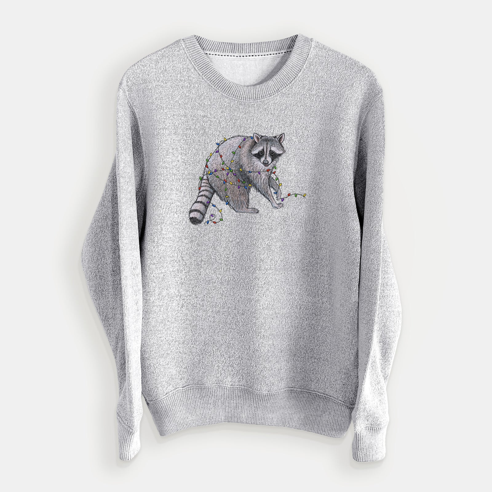 Salt and pepper knit sweatshirt laid flat, printed with a black ink raccoon tangled in a string of colorful holiday lights.