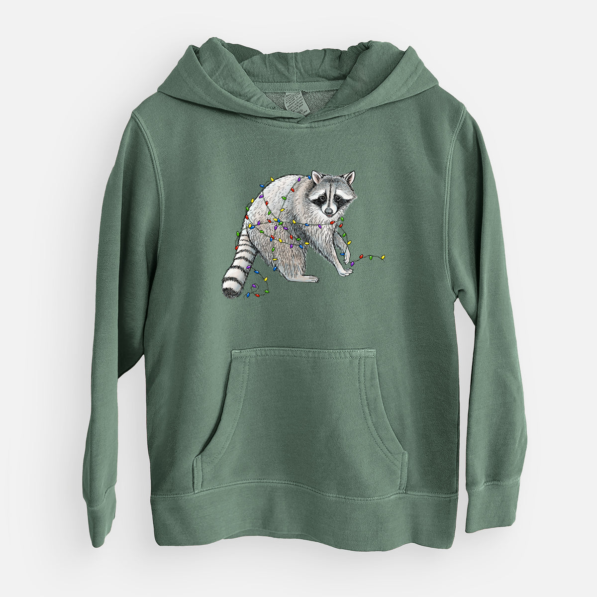 Christmas Raccoon - Youth Pigment Dyed Hoodie in Alpine Green