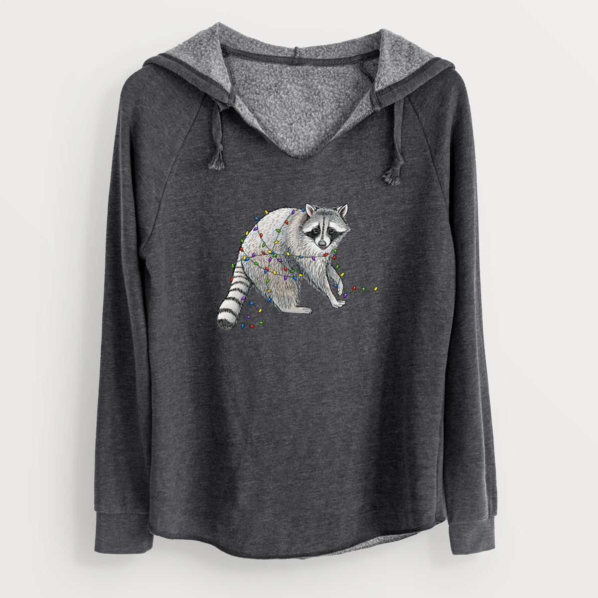 Charcoal grey women's Cali Wave hooded sweatshirt laid flat, printed with a black ink raccoon tangled in a string of colorful holiday lights.