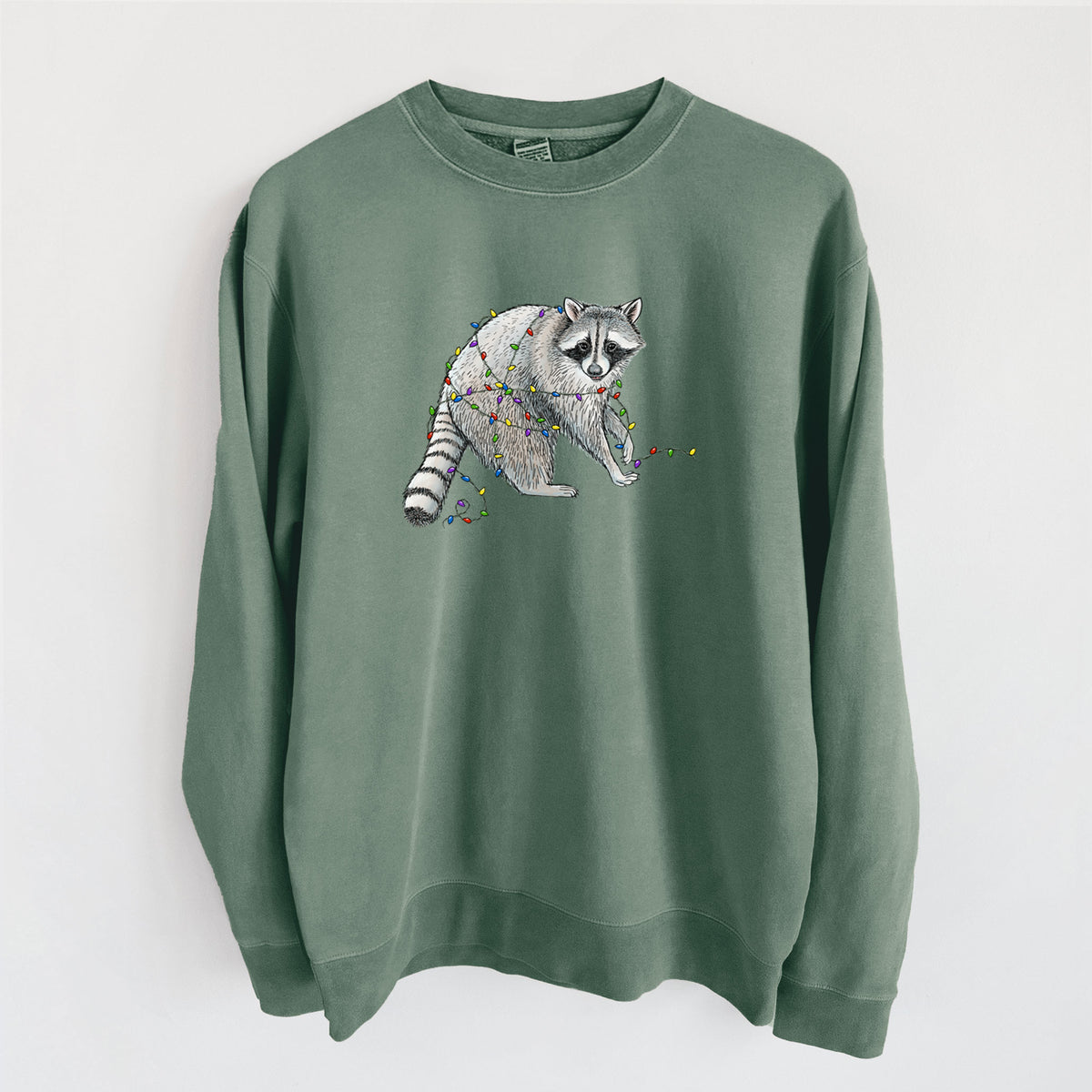 Christmas Raccoon - Unisex Pigment Dyed Crew Sweatshirt in Alpine Green