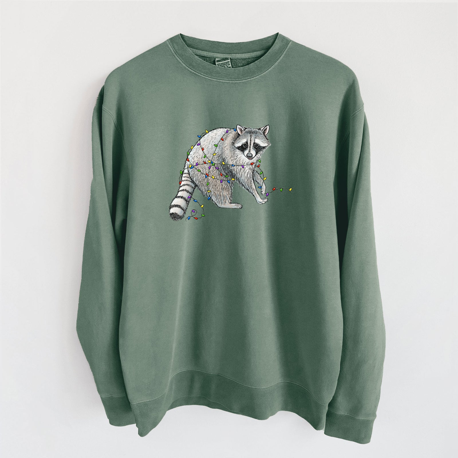 Christmas Raccoon - Unisex Pigment Dyed Crew Sweatshirt in Alpine Green