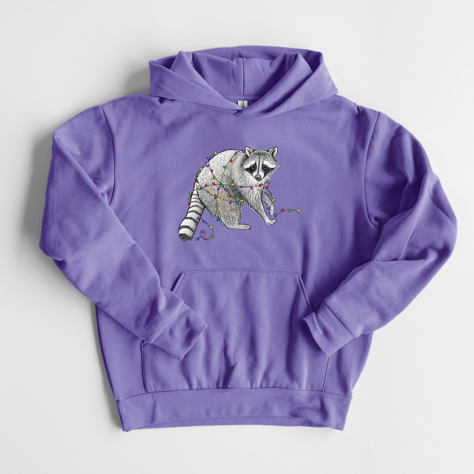 Christmas Raccoon - Statement Midweight Hoodie in Violet, laid flat, showing the oversized boxy fit and front kangaroo pocket.