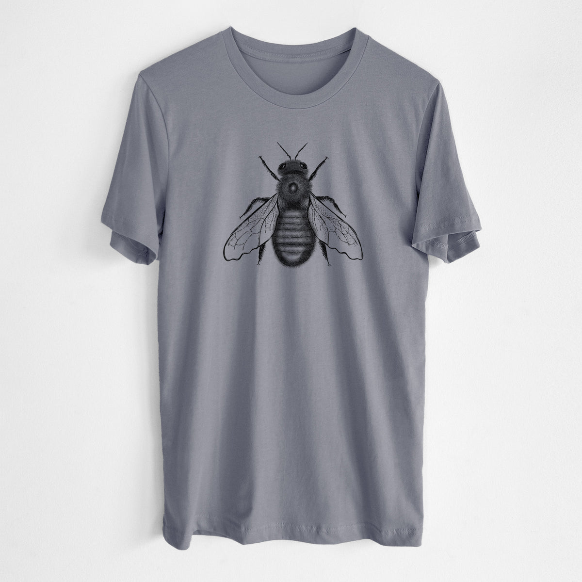 Storm grey lightweight cotton t-shirt laid flat, printed with a detailed black ink illustration of an eastern carpenter bee with its wings spread, seen from above.