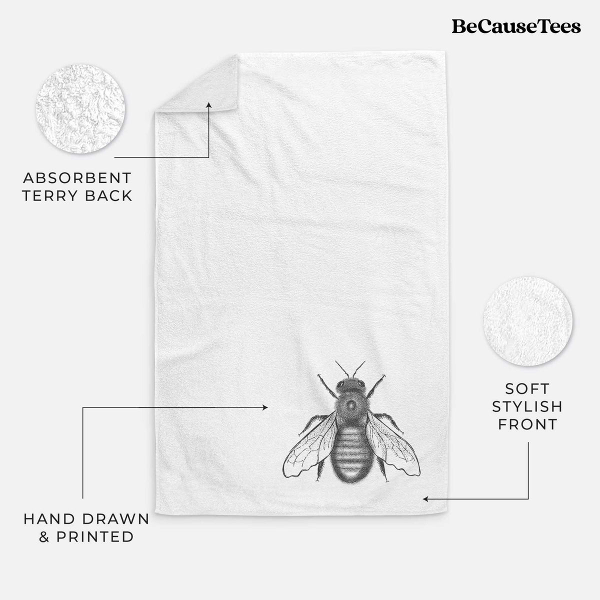 White hand towel printed with a detailed black ink illustration of an eastern carpenter bee with its wings spread, seen from above.