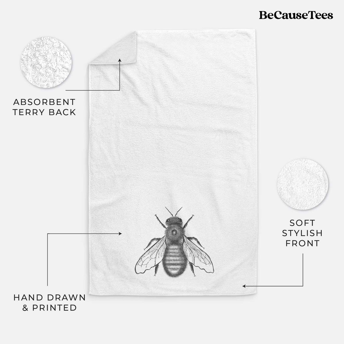 White hand towel printed with a detailed black ink illustration of an eastern carpenter bee with its wings spread, seen from above.