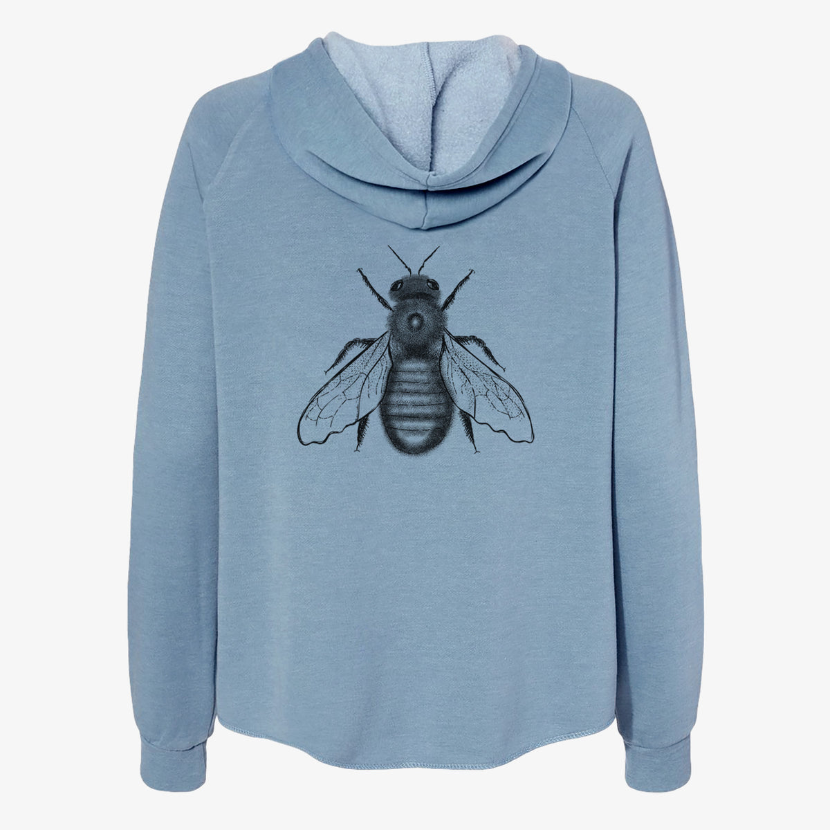Misty blue women's Cali Wave zip-up sweatshirt laid flat, printed with a detailed black ink illustration of an eastern carpenter bee with its wings spread, seen from above.
