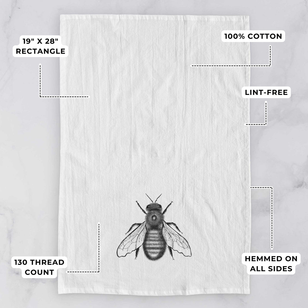 White tea towel printed with a detailed black ink illustration of an eastern carpenter bee with its wings spread, seen from above, with feature labels: 19 by 28 inch rectangle, 100% cotton, lint-free, 130 thread count, hemmed on all sides.