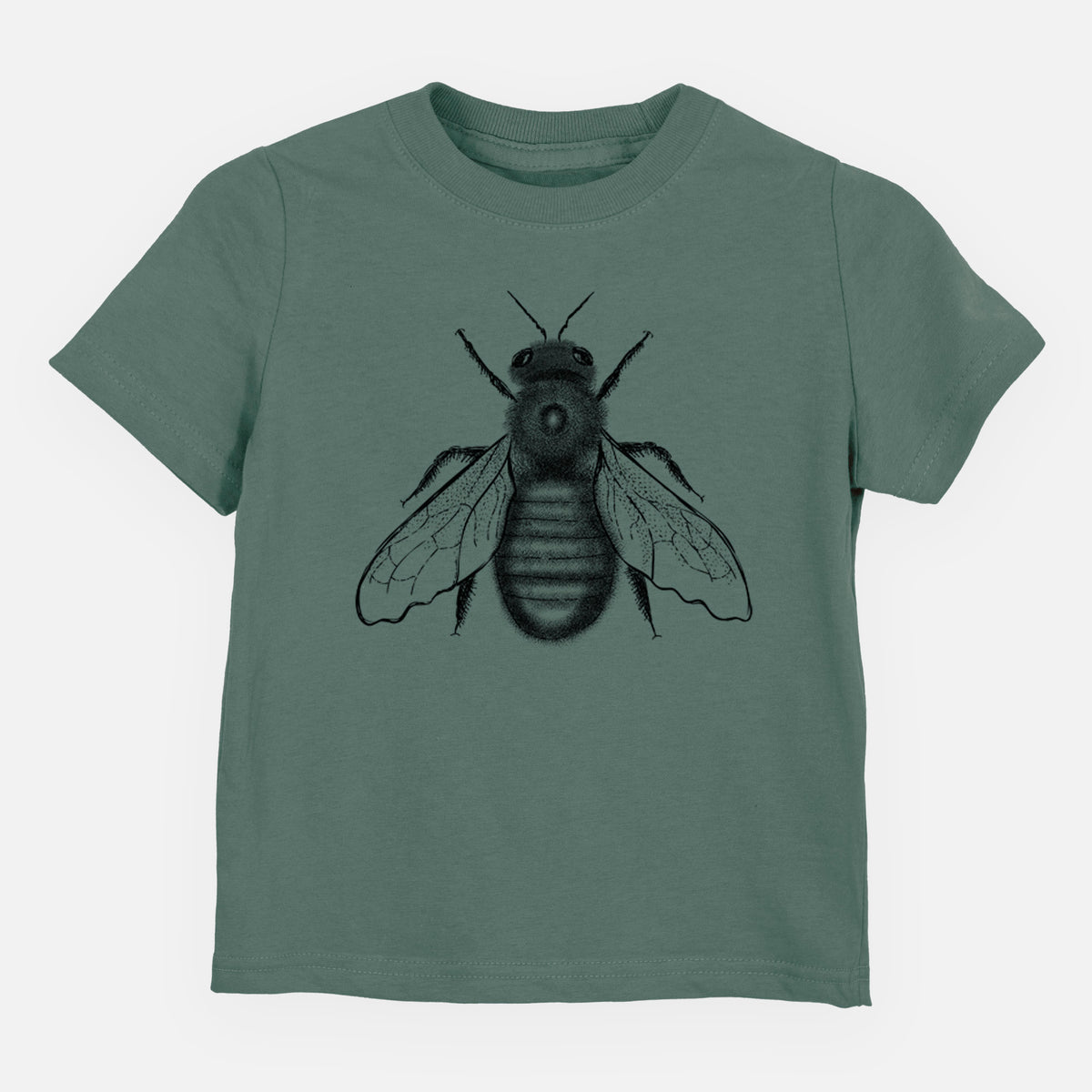 Basil green toddler t-shirt laid flat, printed with a detailed black ink illustration of an eastern carpenter bee with its wings spread, seen from above.