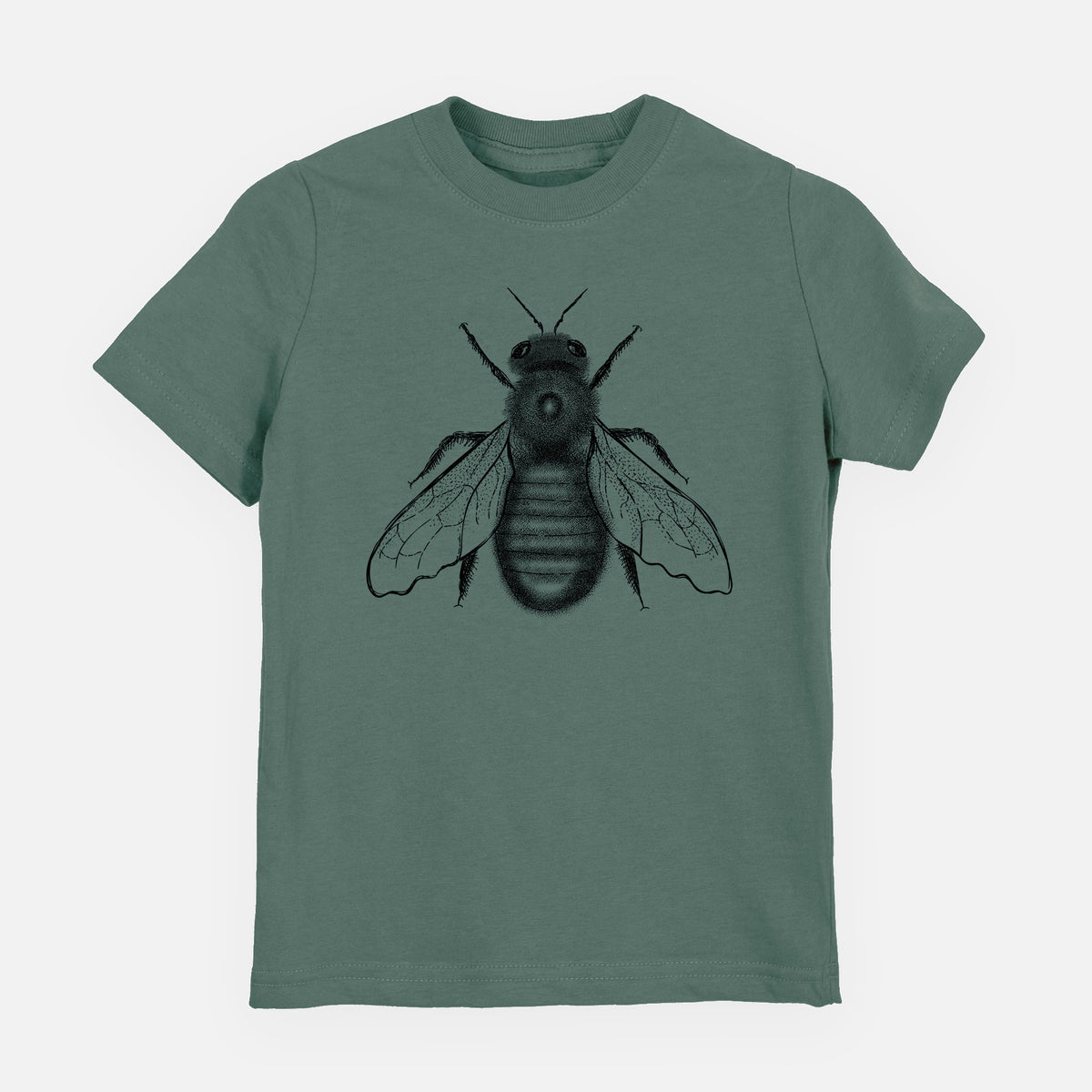 Basil green youth t-shirt laid flat, printed with a detailed black ink illustration of an eastern carpenter bee with its wings spread, seen from above.