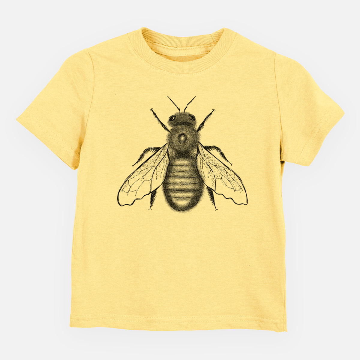 Butter yellow toddler t-shirt laid flat, printed with a detailed black ink illustration of an eastern carpenter bee with its wings spread, seen from above.