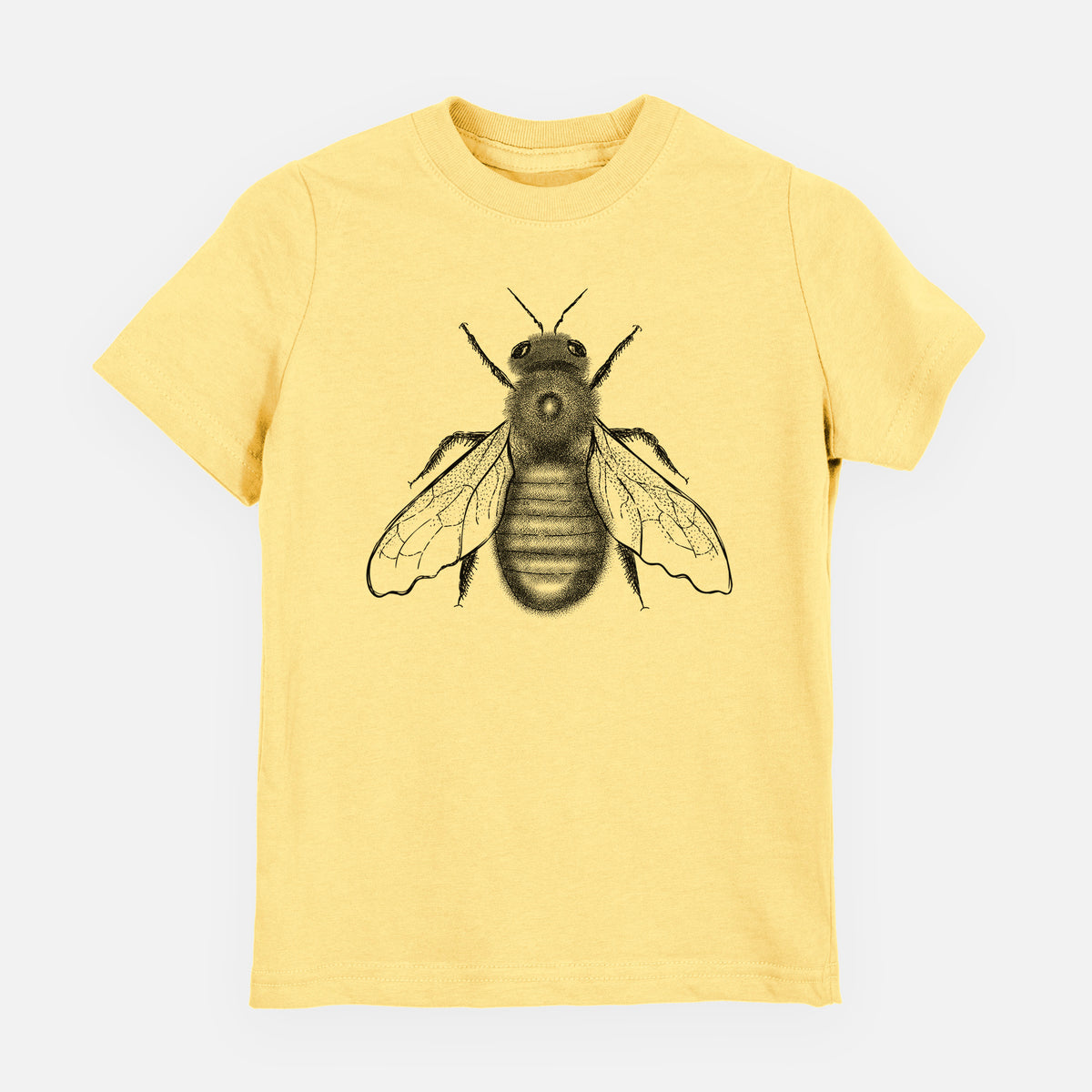 Butter yellow youth t-shirt laid flat, printed with a detailed black ink illustration of an eastern carpenter bee with its wings spread, seen from above.