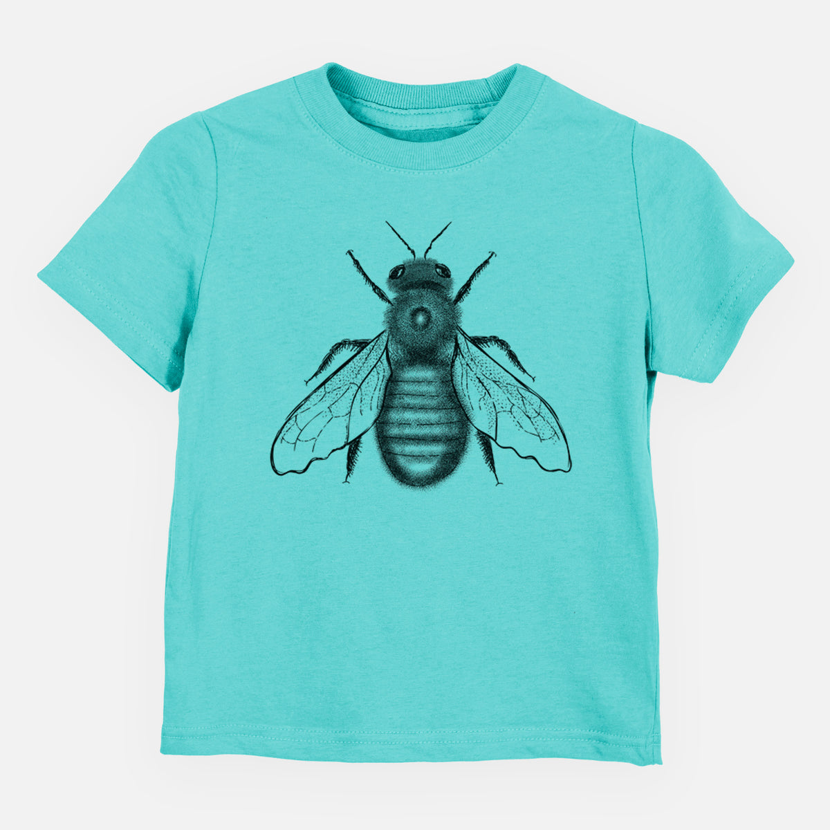 Caribbean blue toddler t-shirt laid flat, printed with a detailed black ink illustration of an eastern carpenter bee with its wings spread, seen from above.