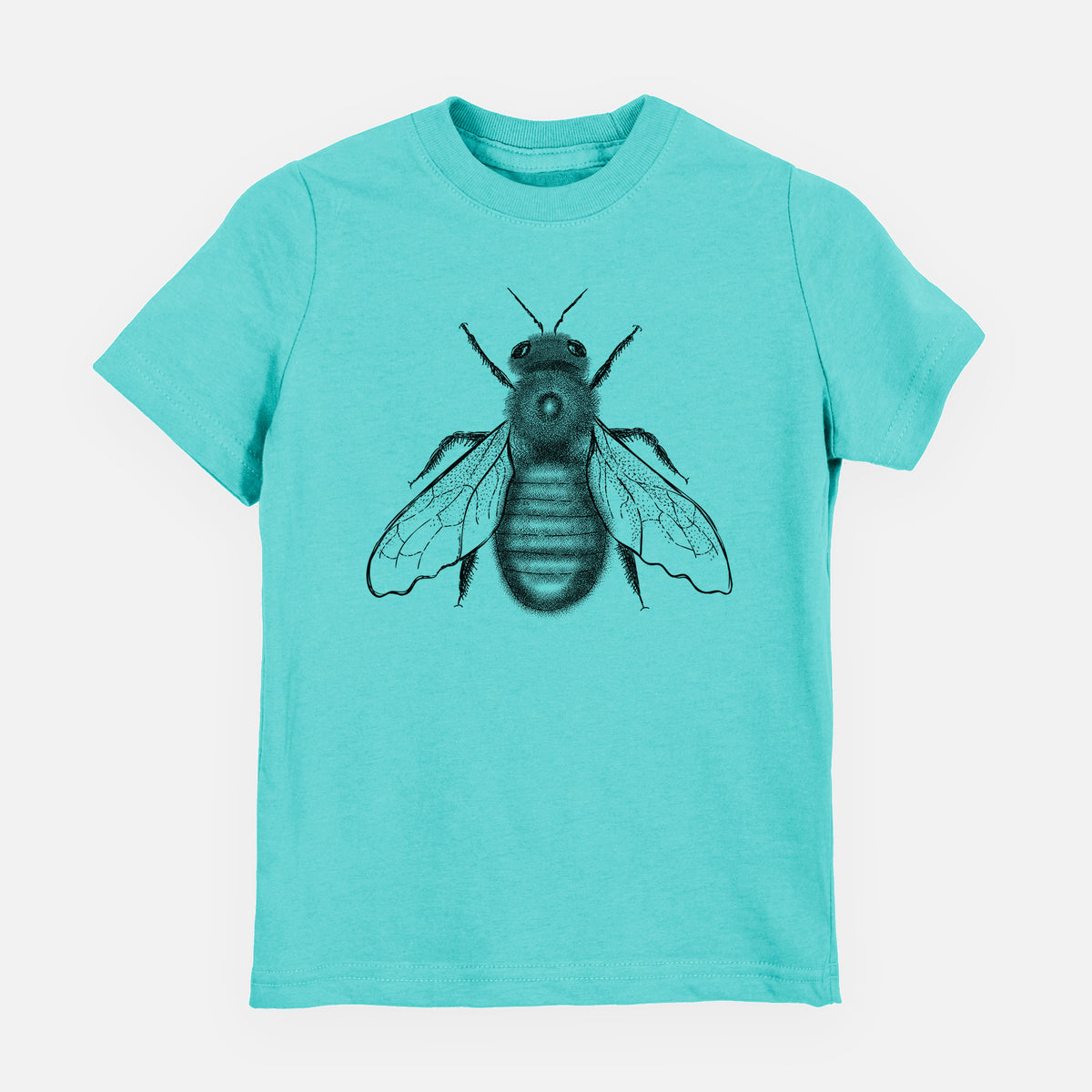 Caribbean blue youth t-shirt laid flat, printed with a detailed black ink illustration of an eastern carpenter bee with its wings spread, seen from above.
