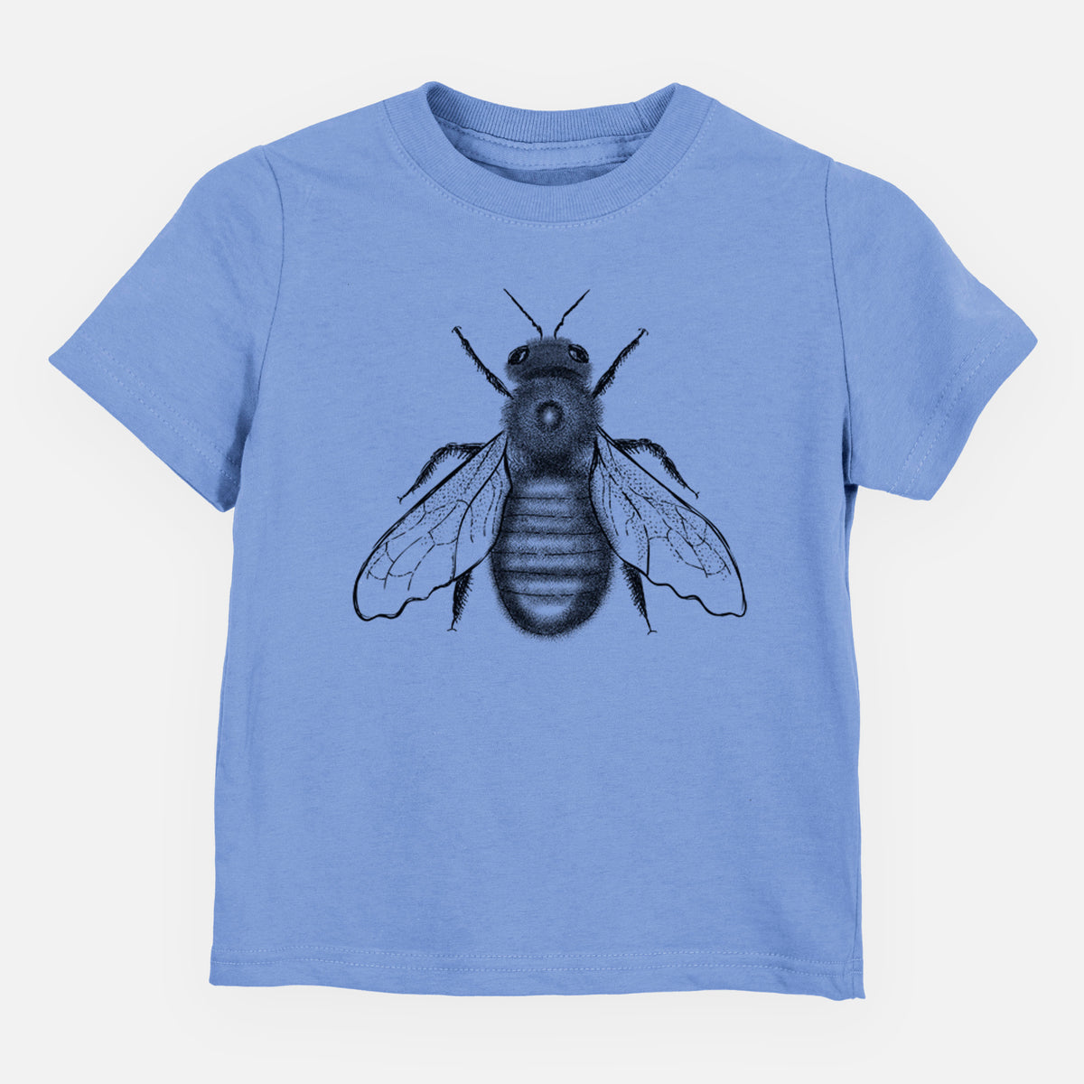 Carolina blue toddler t-shirt laid flat, printed with a detailed black ink illustration of an eastern carpenter bee with its wings spread, seen from above.