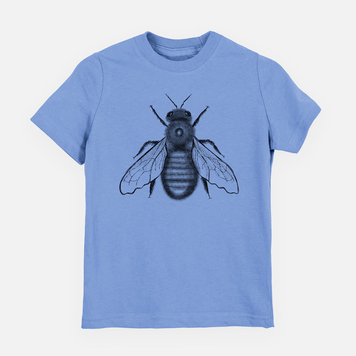 Carolina blue youth t-shirt laid flat, printed with a detailed black ink illustration of an eastern carpenter bee with its wings spread, seen from above.