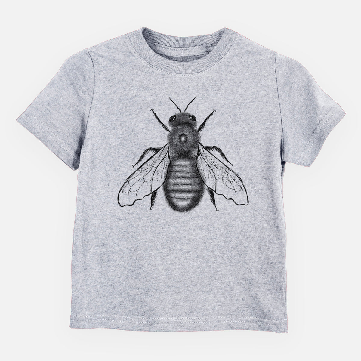 Heather grey toddler t-shirt laid flat, printed with a detailed black ink illustration of an eastern carpenter bee with its wings spread, seen from above.