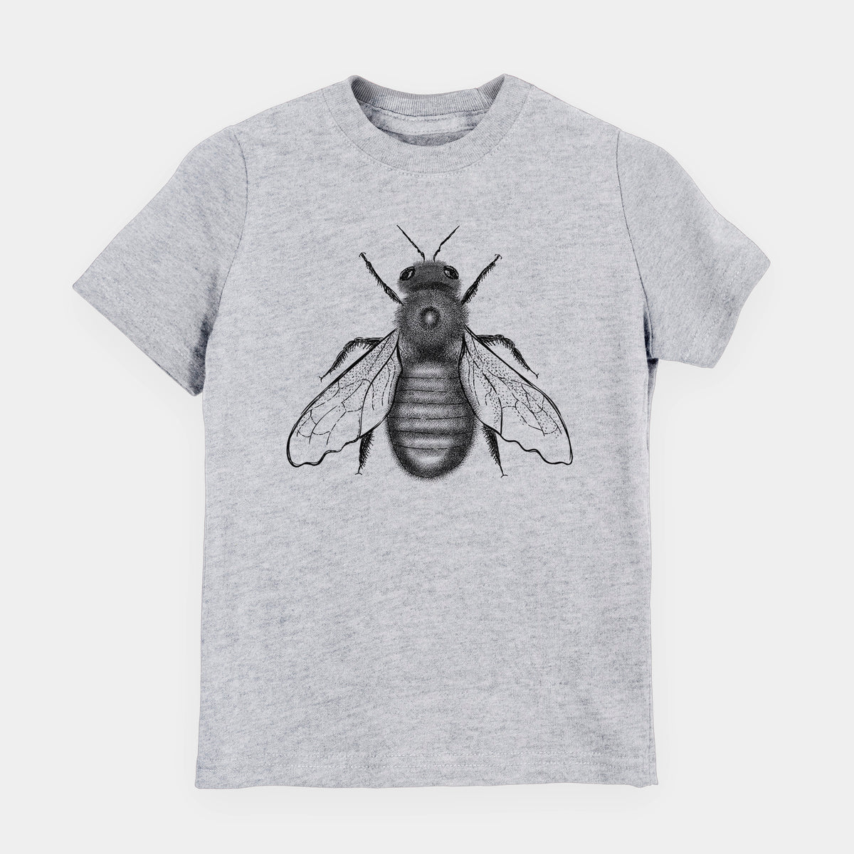 Heather grey youth t-shirt laid flat, printed with a detailed black ink illustration of an eastern carpenter bee with its wings spread, seen from above.