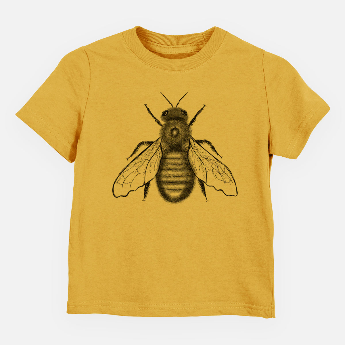 Honeycomb yellow toddler t-shirt laid flat, printed with a detailed black ink illustration of an eastern carpenter bee with its wings spread, seen from above.