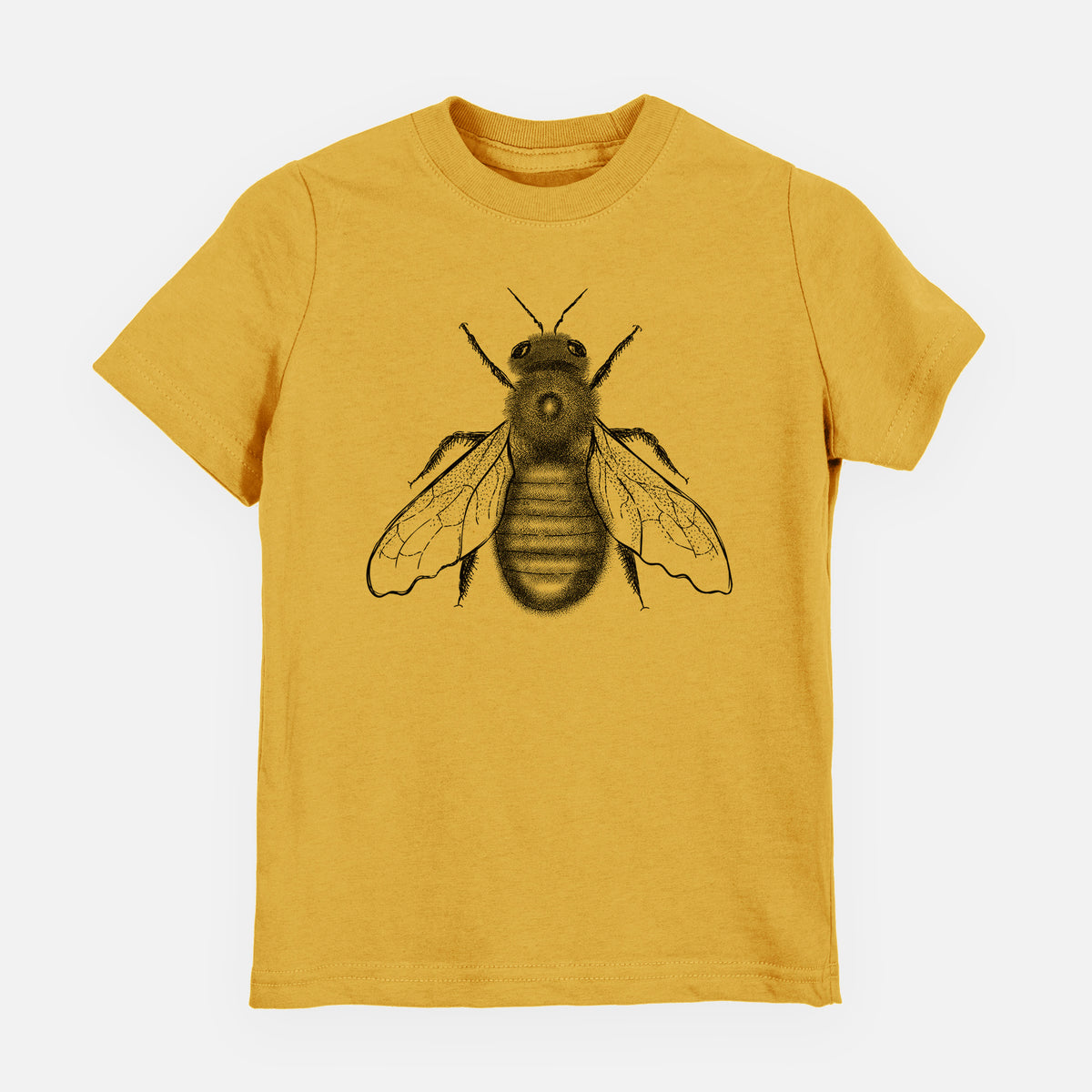 Honeycomb yellow youth t-shirt laid flat, printed with a detailed black ink illustration of an eastern carpenter bee with its wings spread, seen from above.