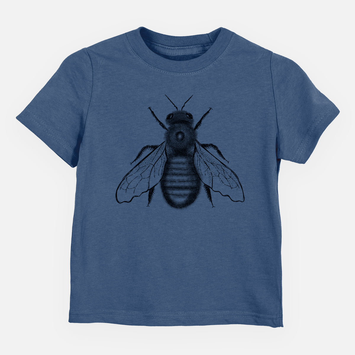 Indigo blue toddler t-shirt laid flat, printed with a detailed black ink illustration of an eastern carpenter bee with its wings spread, seen from above.