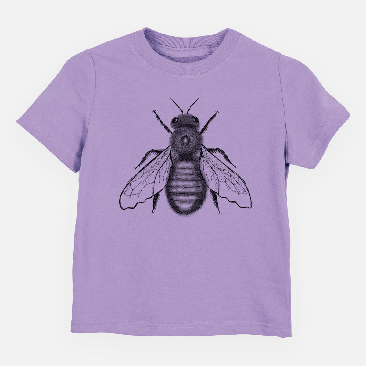Lavender toddler t-shirt laid flat, printed with a detailed black ink illustration of an eastern carpenter bee with its wings spread, seen from above.