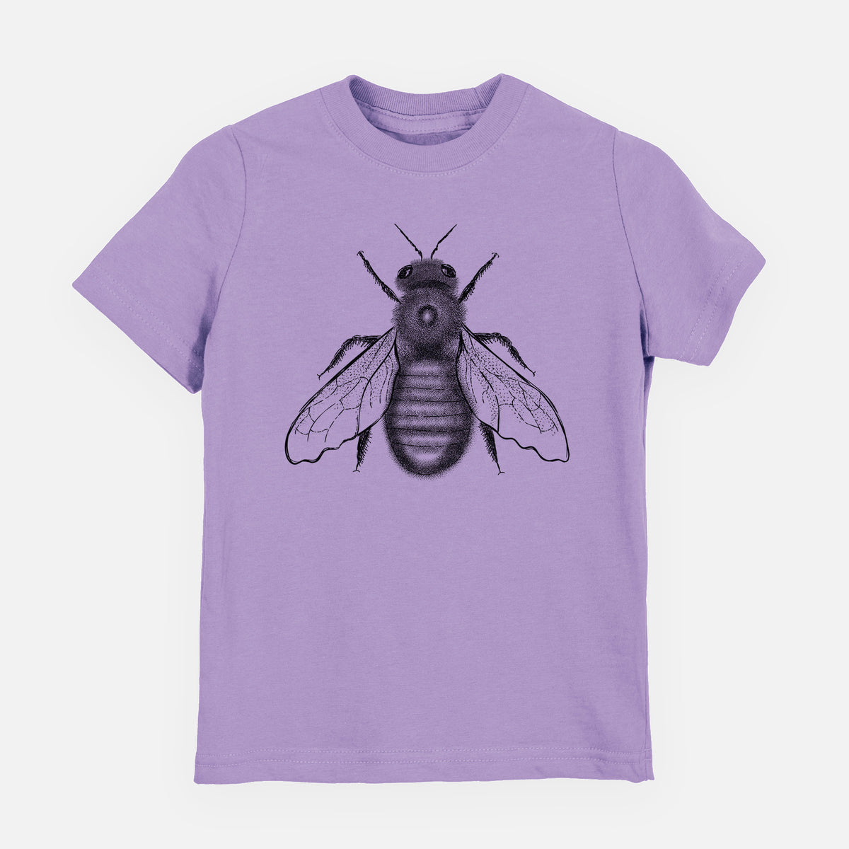 Lavender youth t-shirt laid flat, printed with a detailed black ink illustration of an eastern carpenter bee with its wings spread, seen from above.