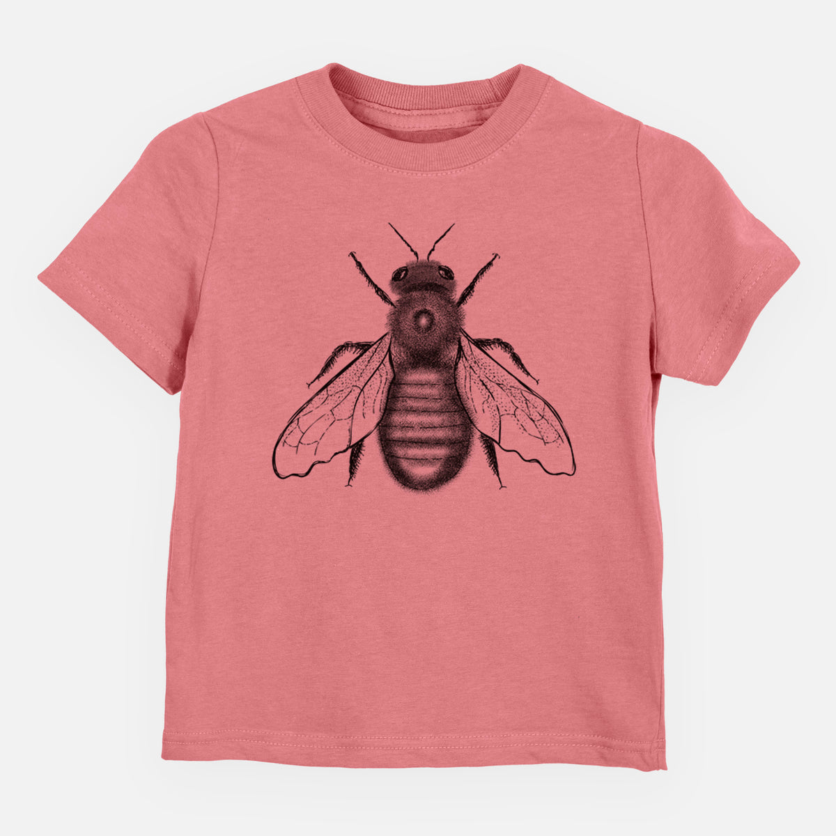 Mauve pink toddler t-shirt laid flat, printed with a detailed black ink illustration of an eastern carpenter bee with its wings spread, seen from above.