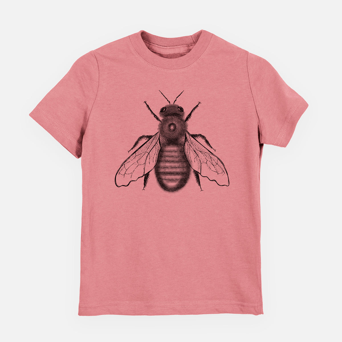 Mauve pink youth t-shirt laid flat, printed with a detailed black ink illustration of an eastern carpenter bee with its wings spread, seen from above.