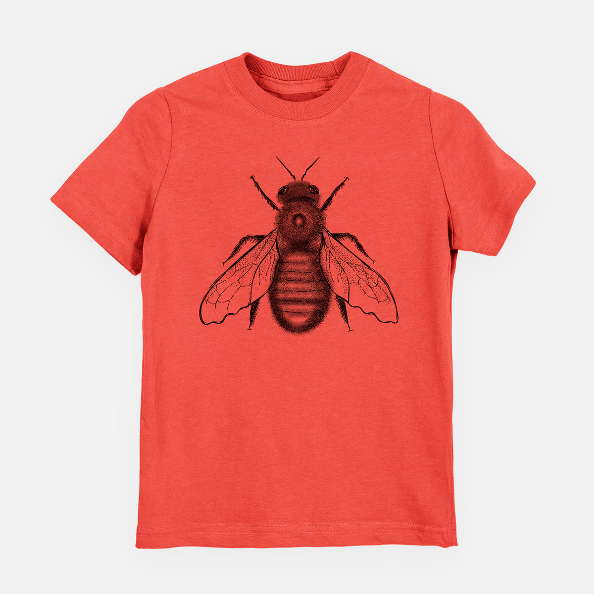Passionfruit pink youth t-shirt laid flat, printed with a detailed black ink illustration of an eastern carpenter bee with its wings spread, seen from above.