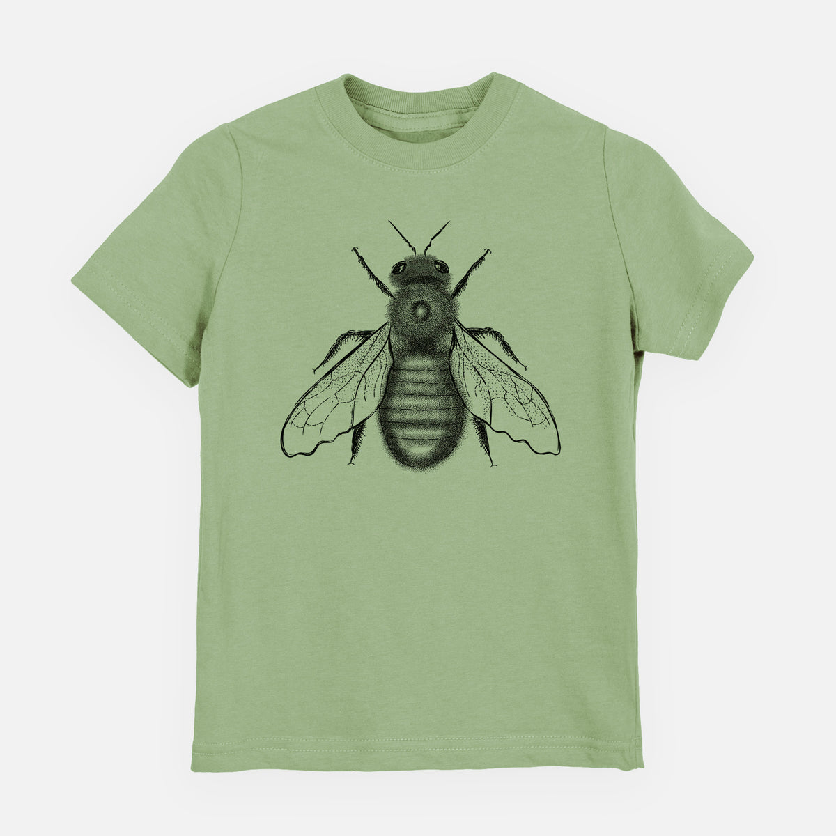 Sage green youth t-shirt laid flat, printed with a detailed black ink illustration of an eastern carpenter bee with its wings spread, seen from above.