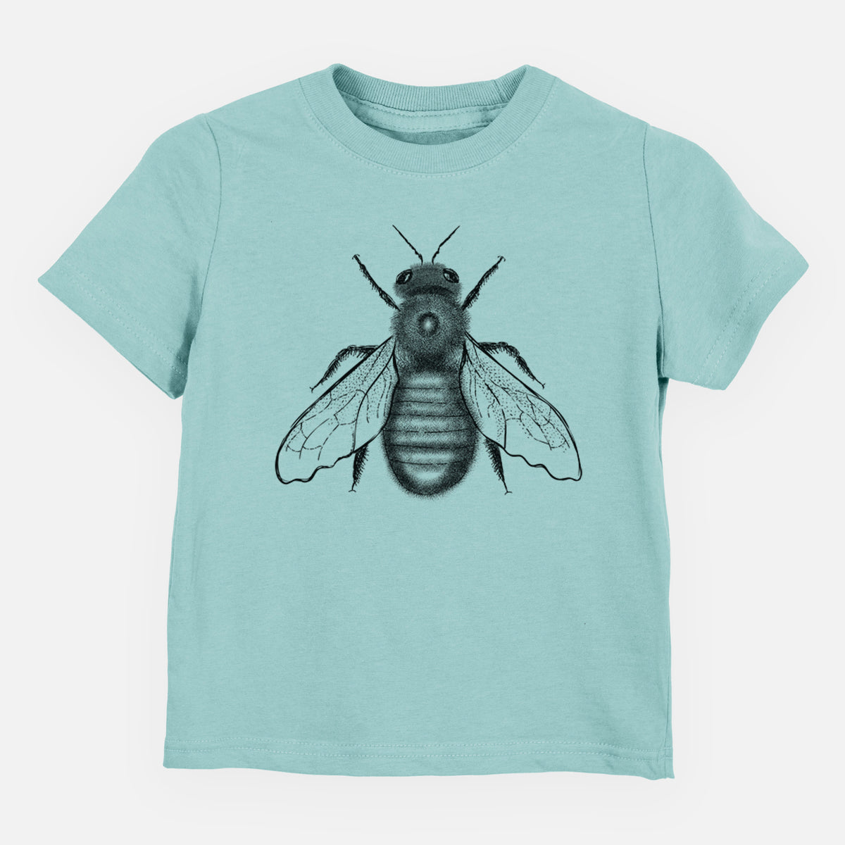 Saltwater toddler t-shirt laid flat, printed with a detailed black ink illustration of an eastern carpenter bee with its wings spread, seen from above.