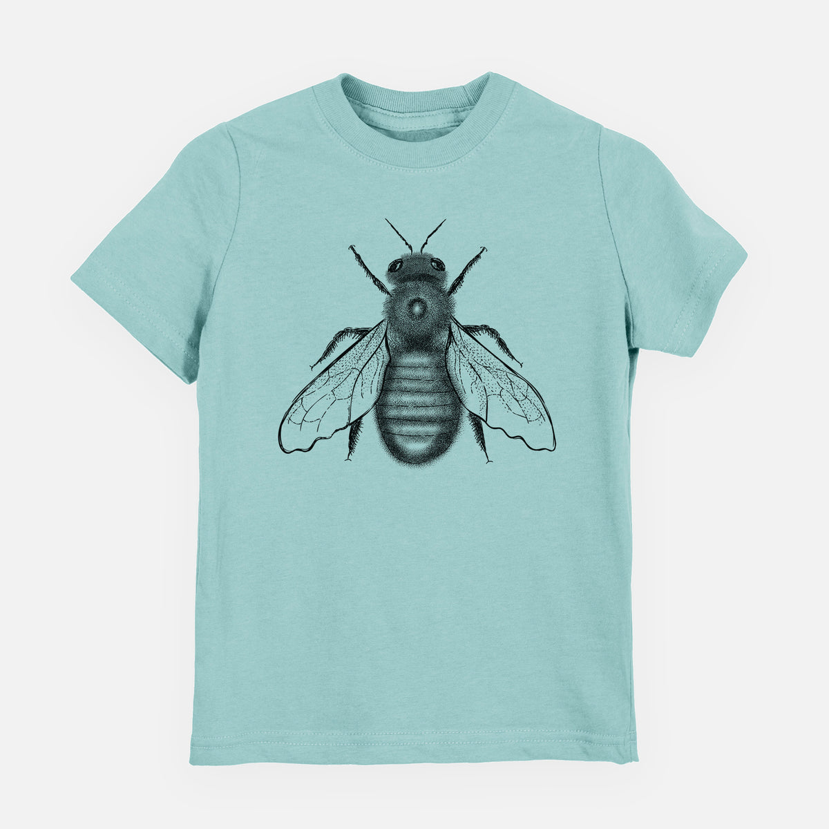 Saltwater youth t-shirt laid flat, printed with a detailed black ink illustration of an eastern carpenter bee with its wings spread, seen from above.
