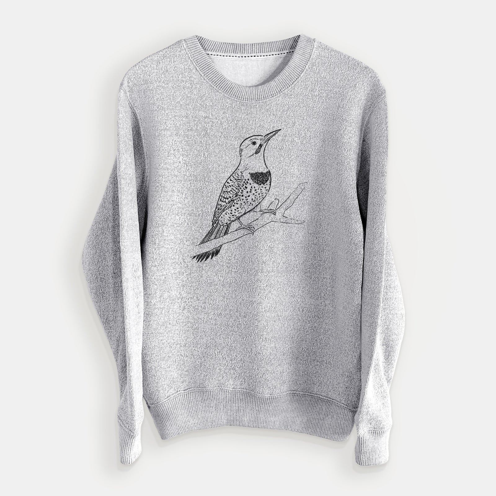 Salt and pepper knit sweatshirt laid flat, printed with a detailed black ink illustration of a yellow-shafted northern flicker perched on a branch.