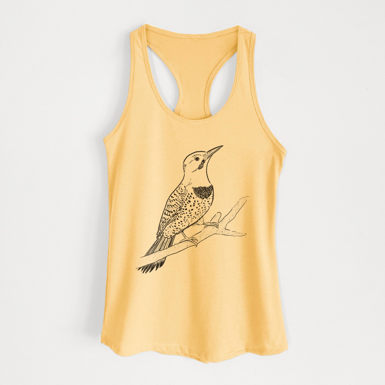 Banana cream women's racerback tank top laid flat, printed with a detailed black ink illustration of a yellow-shafted northern flicker perched on a branch.