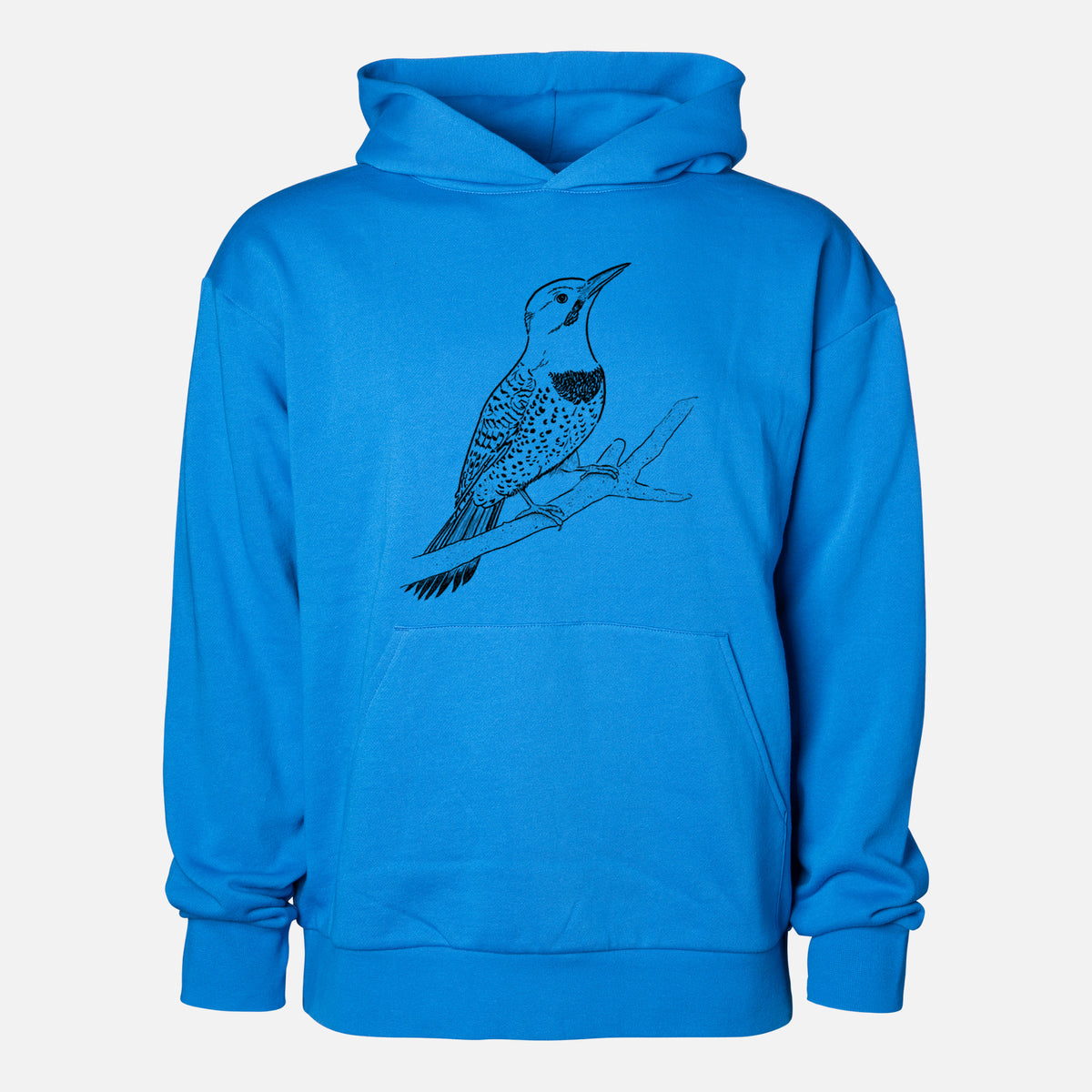 Northern Flicker (Yellow-shafted) - Colaptes auratus - Statement Midweight Hoodie in Azure Blue, shown from the front with the design printed on the chest above a front kangaroo pocket.