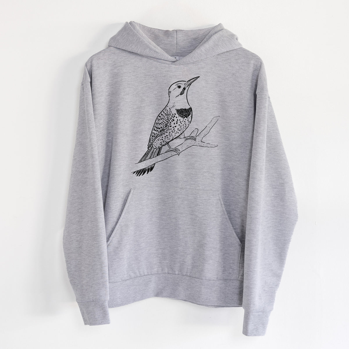 Northern Flicker (Yellow-shafted) - Colaptes auratus - Statement Midweight Hoodie in Heather Grey, hanging on a white wall, with a front kangaroo pocket and no drawcords.