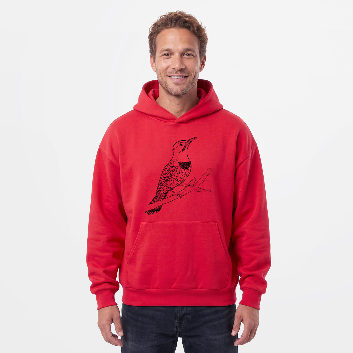 Male model wearing the Northern Flicker (Yellow-shafted) - Colaptes auratus - Statement Midweight Hoodie.