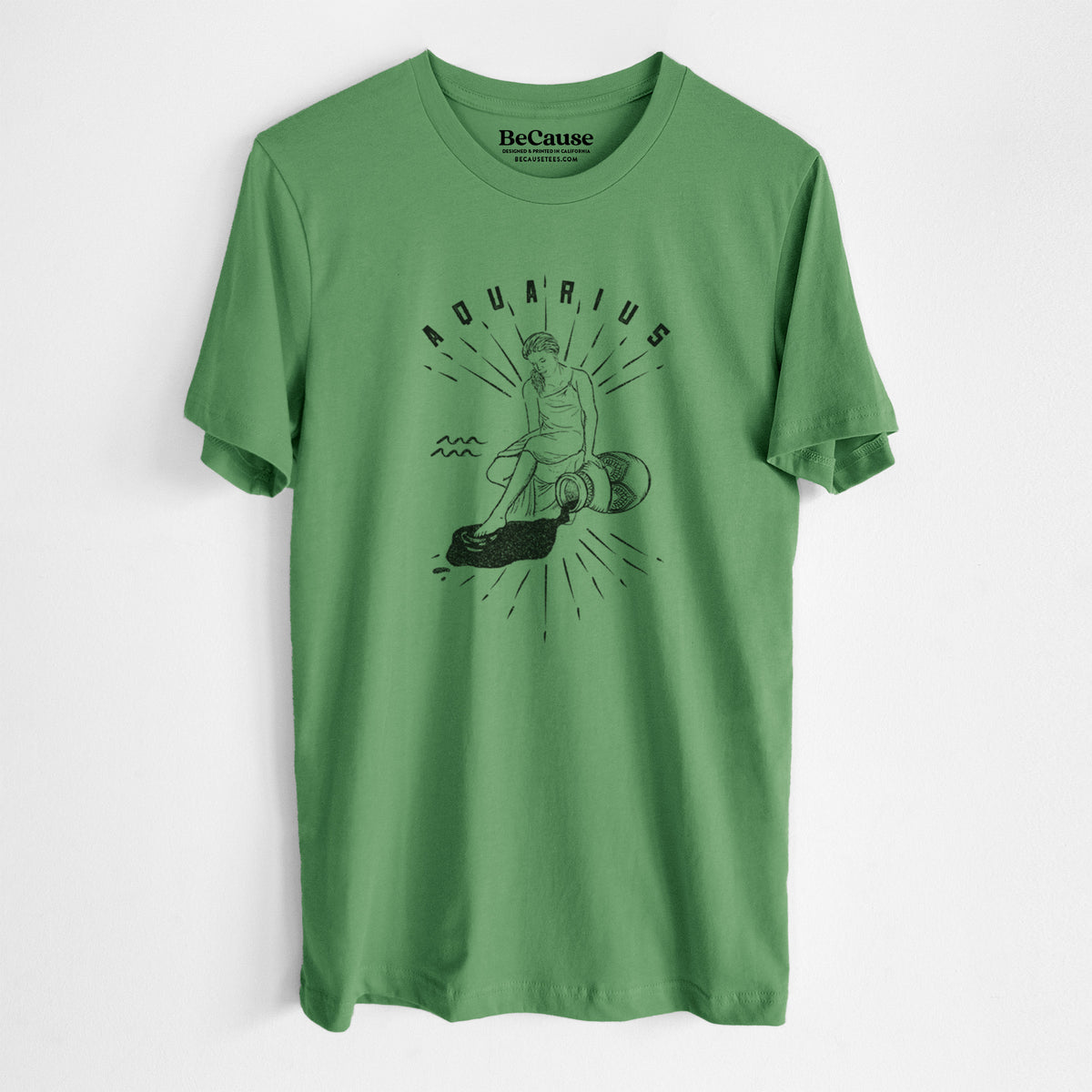 Leaf green lightweight cotton t-shirt laid flat, printed with a black ink figure pouring water with the word Aquarius, for the Aquarius zodiac sign.