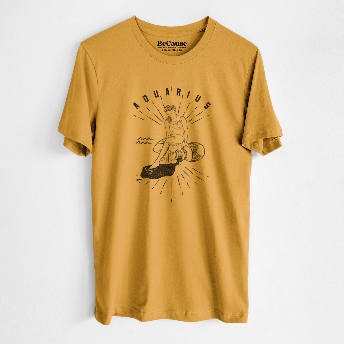 Mustard yellow lightweight cotton t-shirt laid flat, printed with a black ink figure pouring water with the word Aquarius, for the Aquarius zodiac sign.