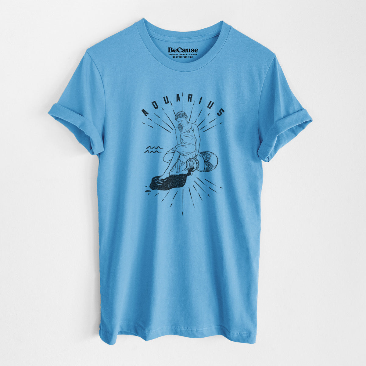 Ocean blue lightweight cotton t-shirt laid flat, printed with a black ink figure pouring water with the word Aquarius, for the Aquarius zodiac sign.