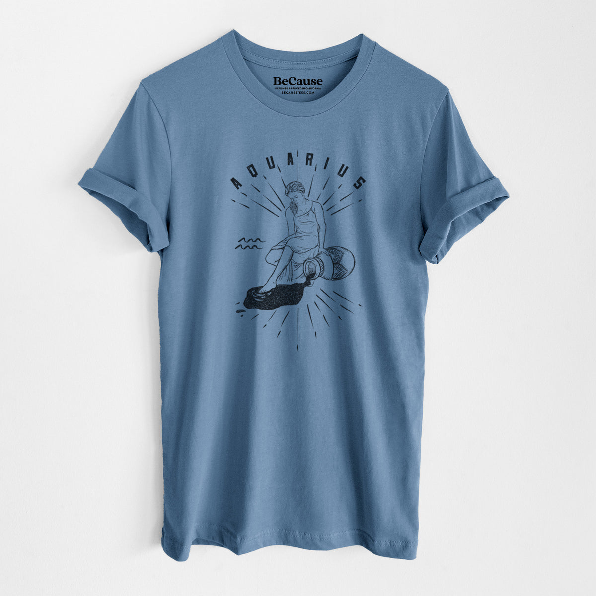 Steel blue lightweight cotton t-shirt laid flat, printed with a black ink figure pouring water with the word Aquarius, for the Aquarius zodiac sign.