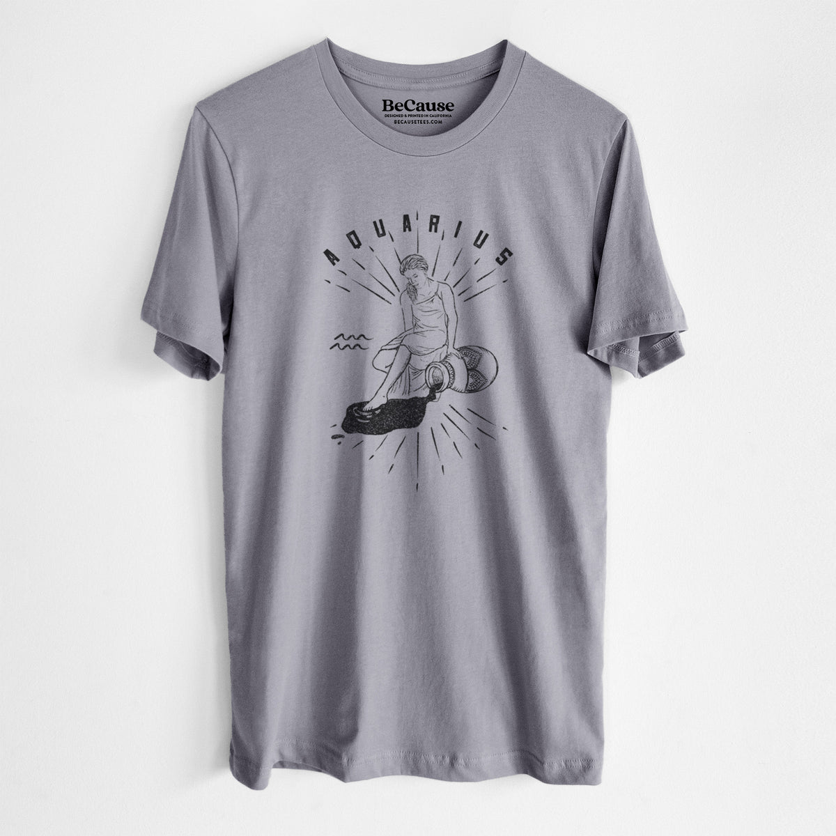 Storm grey lightweight cotton t-shirt laid flat, printed with a black ink figure pouring water with the word Aquarius, for the Aquarius zodiac sign.