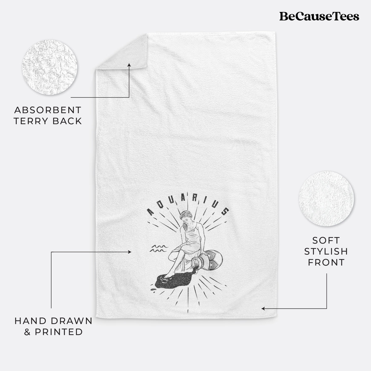 White hand towel printed with a black ink figure pouring water with the word Aquarius, for the Aquarius zodiac sign.