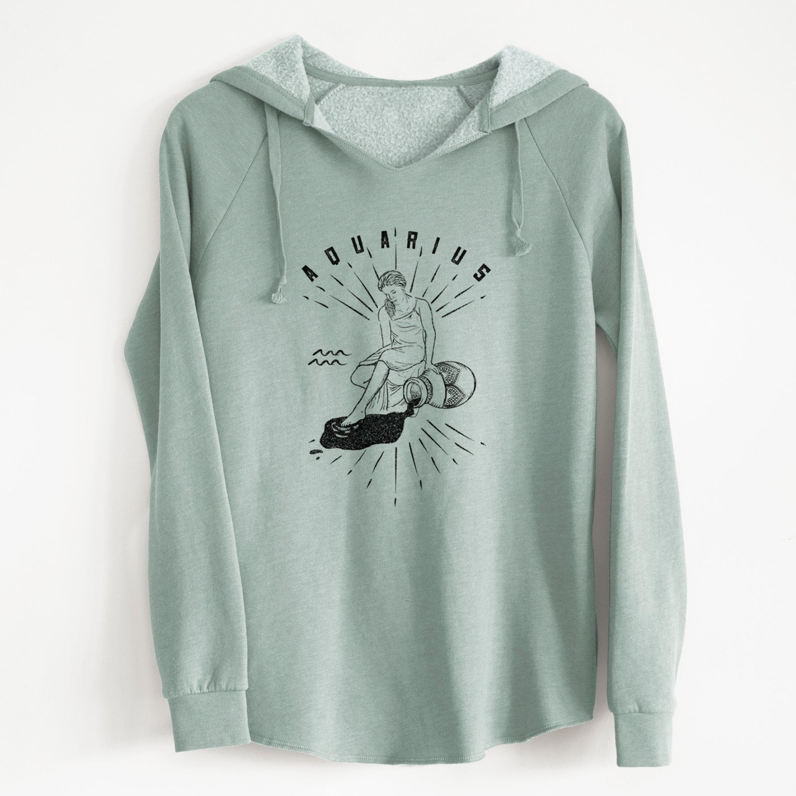 Sage green women's Cali Wave hooded sweatshirt laid flat, printed with a black ink figure pouring water with the word Aquarius, for the Aquarius zodiac sign.