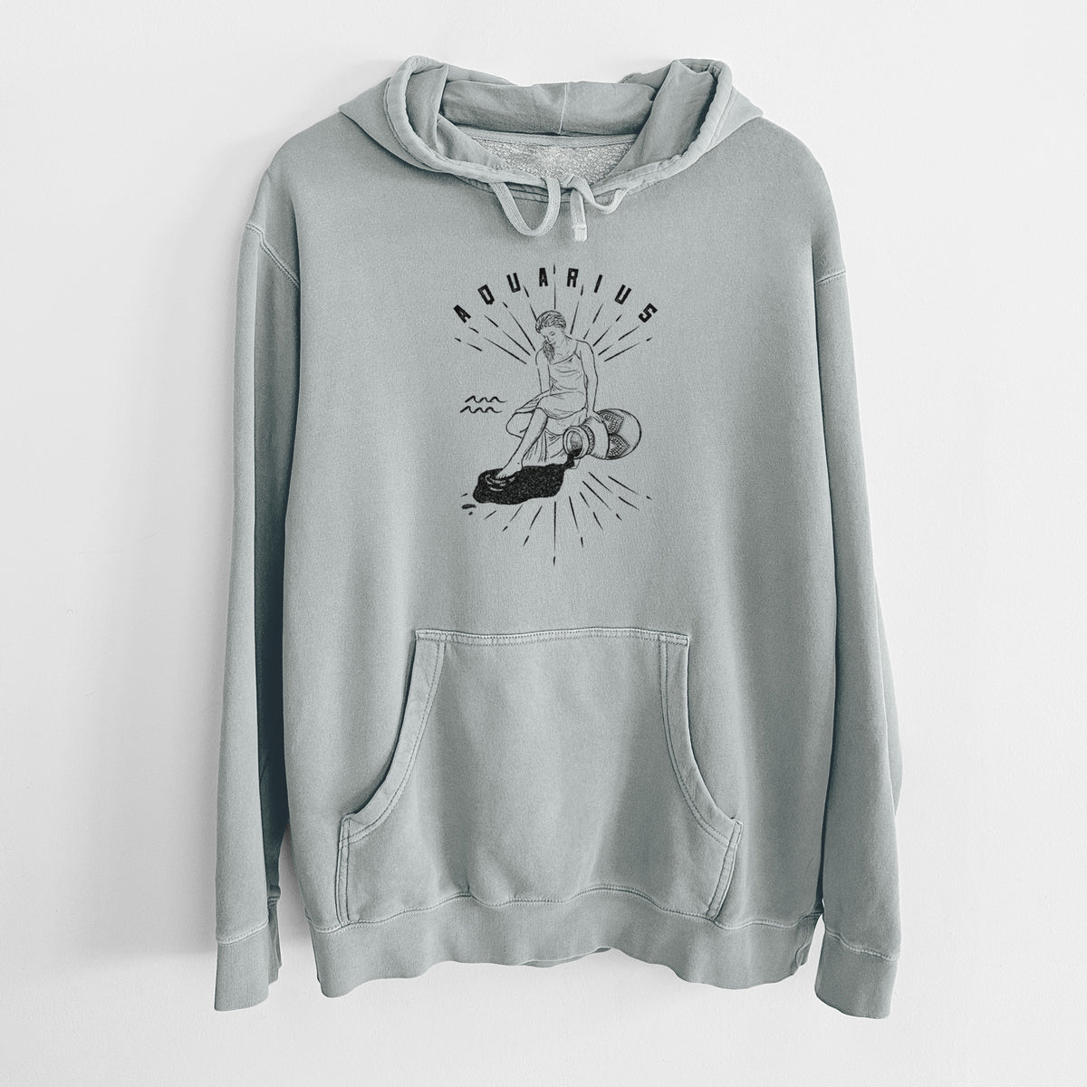 Sage green pigment dyed hoodie laid flat, printed with a black ink figure pouring water with the word Aquarius, for the Aquarius zodiac sign.
