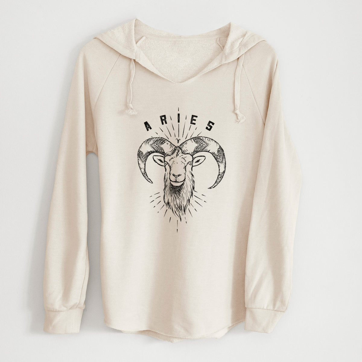 Bone cream women's Cali Wave hooded sweatshirt laid flat, printed with a black ink ram's head with curled horns and the word Aries, for the Aries zodiac sign.